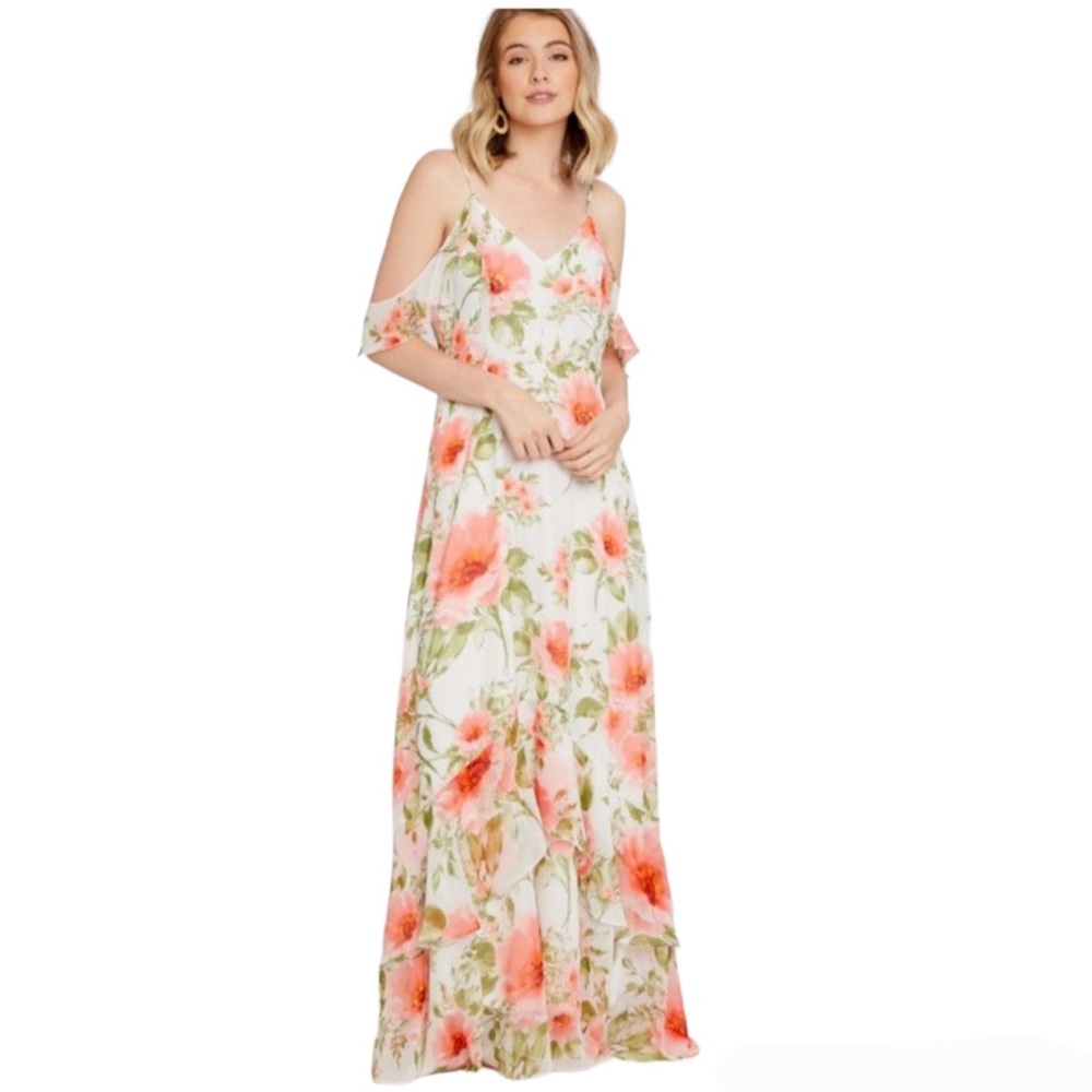 Altar’d State White Coral Pink Orange Floral Maxi Dress Flutter Ruffle Knoll NWT